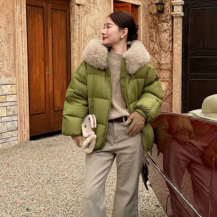HELA AOMI"抹茶雪羔" 90白鸭绒+山羊绒毛领小众羽绒服CY5DM73759