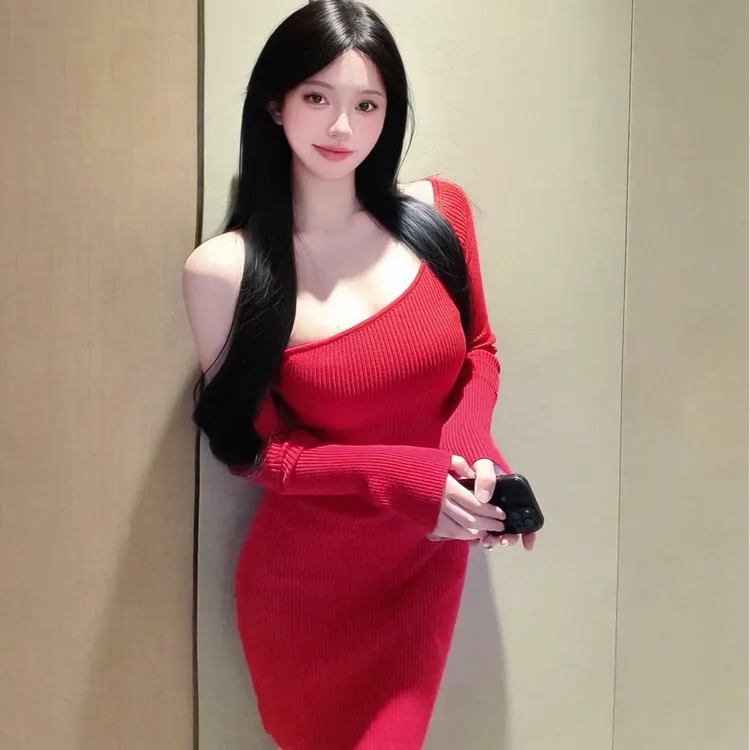 年会单肩设计感袖套红色斜肩针织连衣裙女修身弹力包臀短裙子
