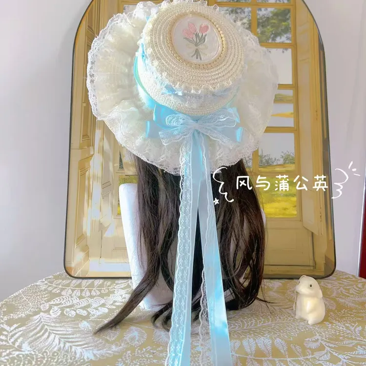 原创洛丽塔贝尔の仙境森系女蝴蝶结夏季遮阳帽草帽帽子编织ins