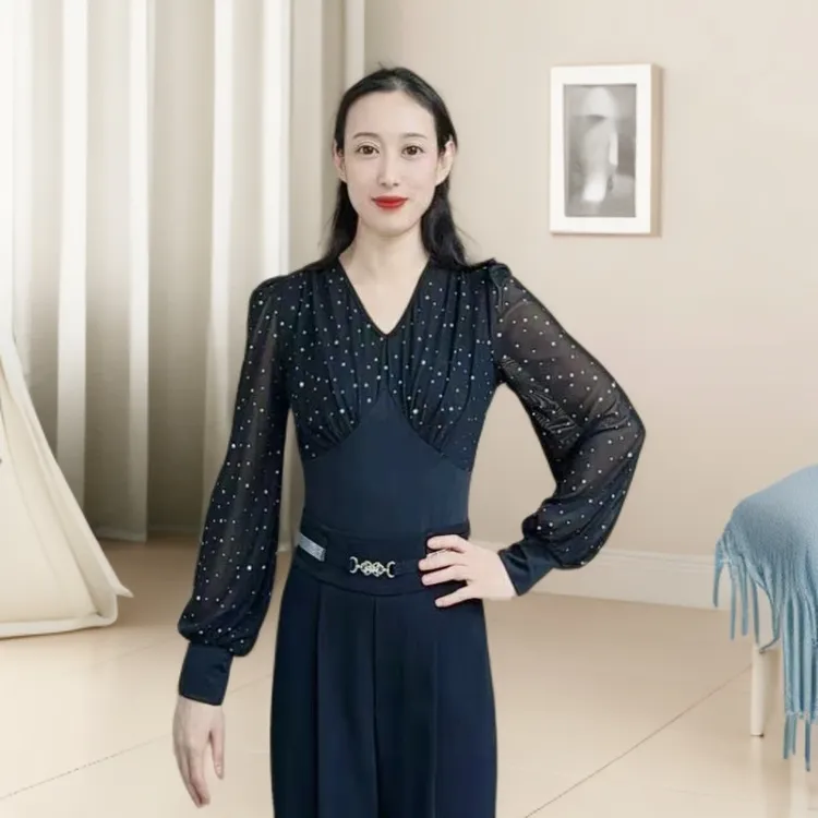 欢舞阁吉特巴摩登舞舞蹈服广场舞亮片气质V领长袖女舞衣A0751