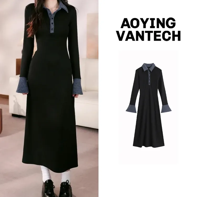 交个朋友专属AOYING VANTECH澳莹万特【苏黎世情调】收腰显瘦撞色翻领针织连衣裙