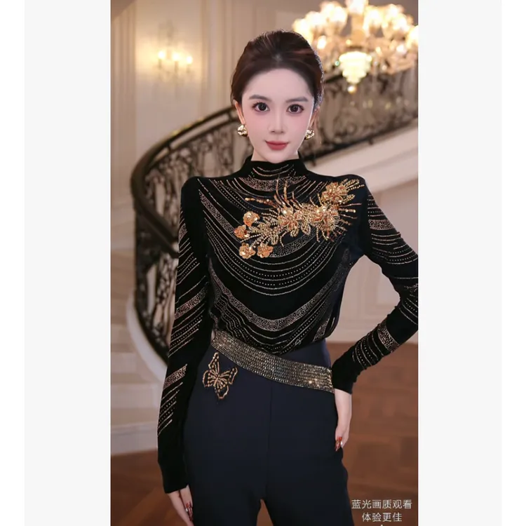 【芙娜妮】2025秋冬半高领显瘦重工轻奢百搭打底衫女上衣F2530928A