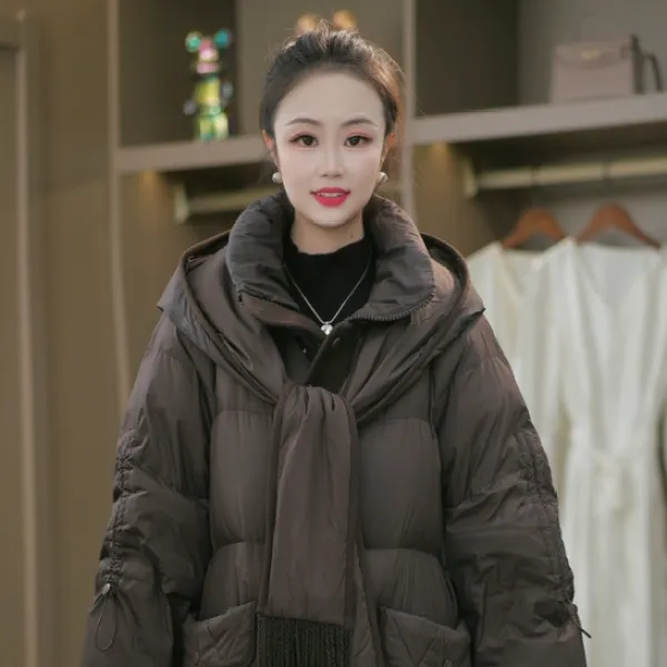 冬季新款优雅时尚百搭气质显瘦减龄带围巾鸭绒羽绒服外套M-XL