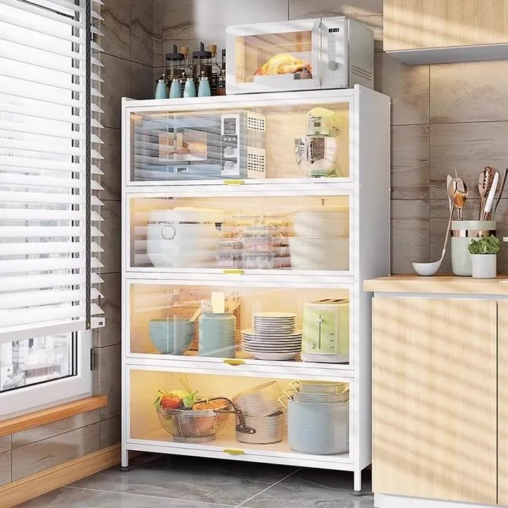 厨房置物架落地多层收纳柜子微波炉家用带门多功能橱柜防尘储物柜