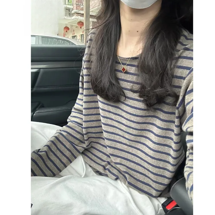 撞色圆领复古条纹长袖t恤女春秋冬百搭打底衫宽松慵懒松弛感上衣