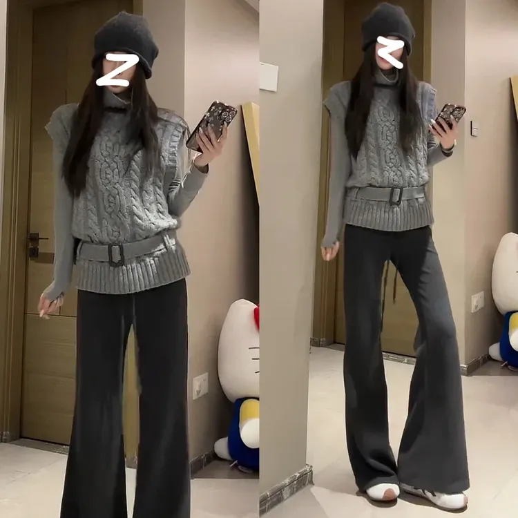 【现货】粗针编织高领腰带毛衣克什米尔打底薄绒微喇裤X11431