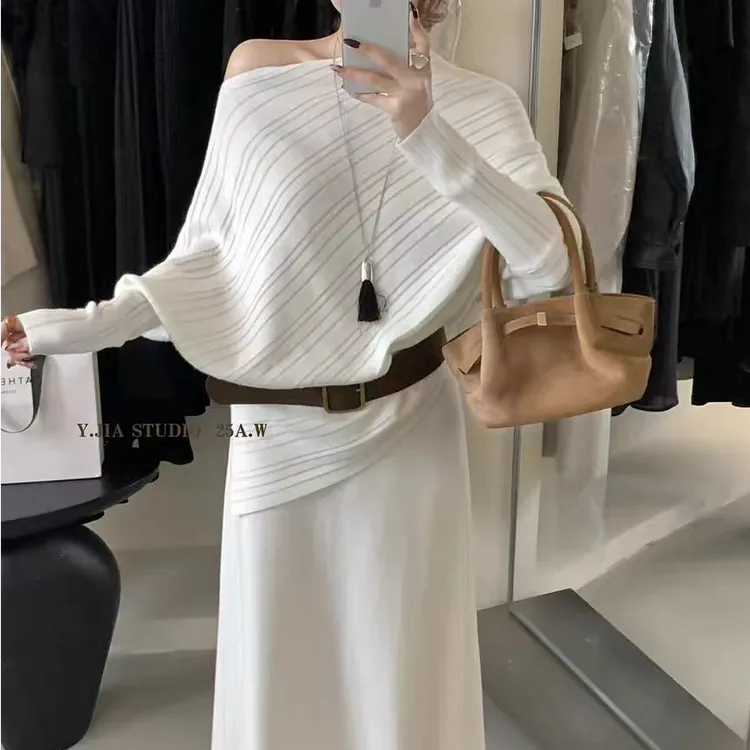 配腰带法式漏肩不规则针织上衣半身裙两件套秋冬新款时尚毛衣套装