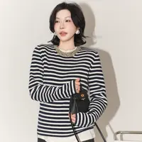 PENNYPENG巴黎日记 珠片圆领羊绒设计感老钱风经典复古条纹套头衫