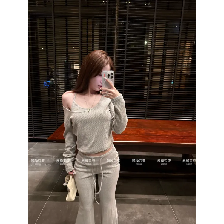 free套组实用随心穿top!超垂软一字肩长袖T恤内搭吊带休闲套装女