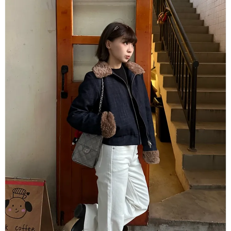 Our2【正肩小牛仔】秋冬季翻领毛领牛仔外套【X6043】