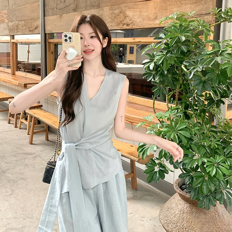 简约时尚洋气衣服女新款慵懒风休闲交叉系带上衣阔腿裤亚麻套装