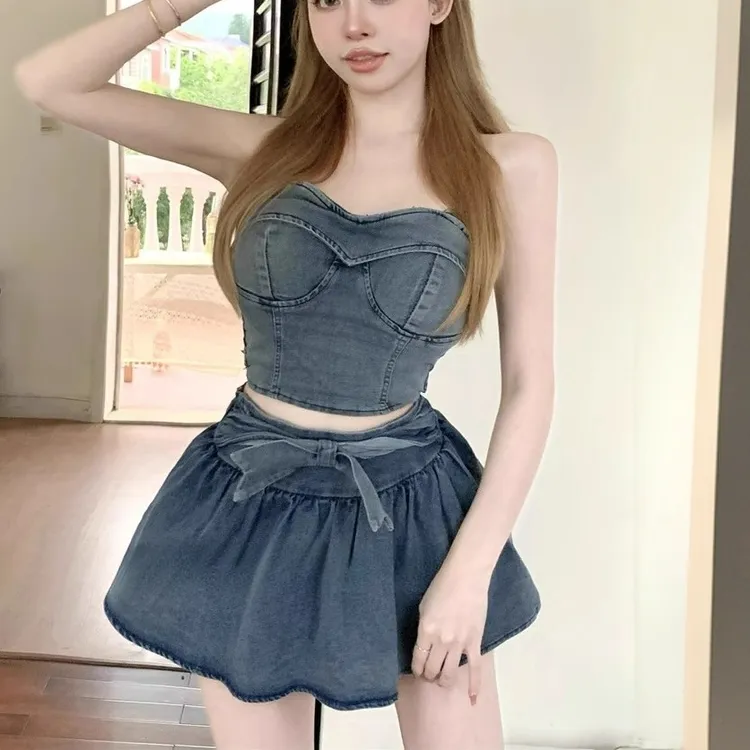 辣妹牛仔抹胸小背心女装夏季复古收腰设计感性感短款上衣外穿裹胸