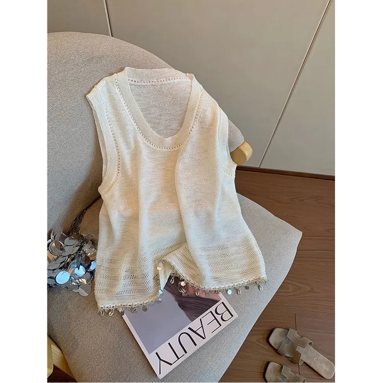 波西米亚风亮片拼接针织吊带背心女2025夏款高级别致白色无袖上衣