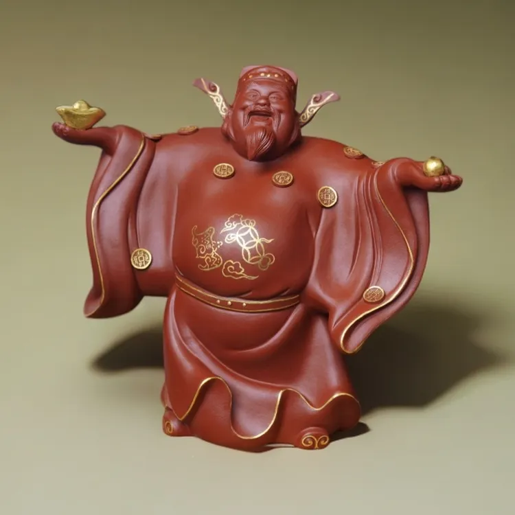 宜兴紫砂手工财神陶瓷大红袍财神摆件财神莲花底座中式茶玩创意