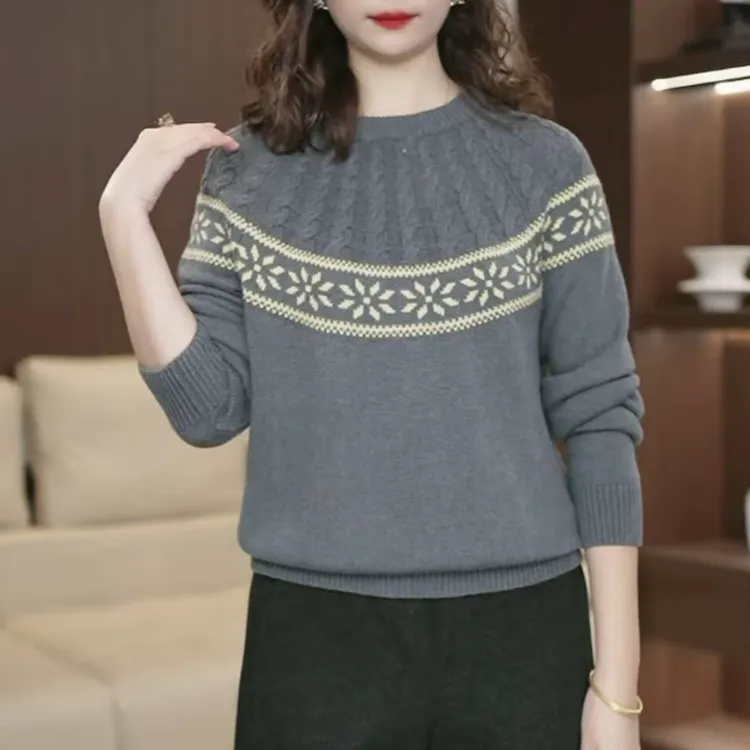 提花麻花女针织通勤圆领毛针织衫女装衫秋冬时尚大码宽松舒适毛衣