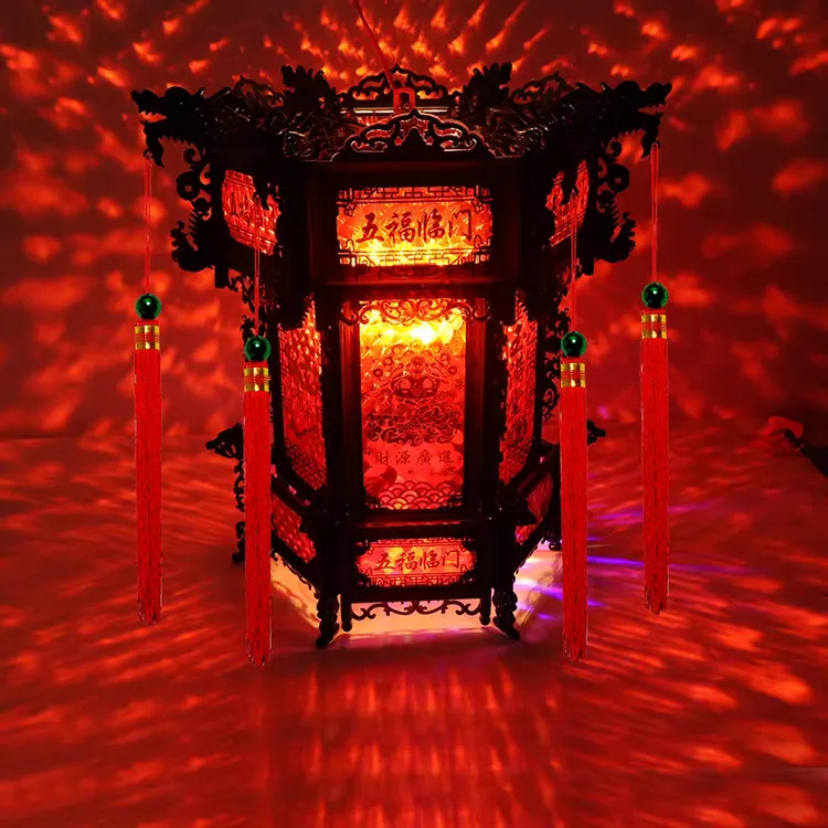 龙灯七彩旋转LED走马灯中式古六角宫灯灯笼七彩旋转灯2025新款