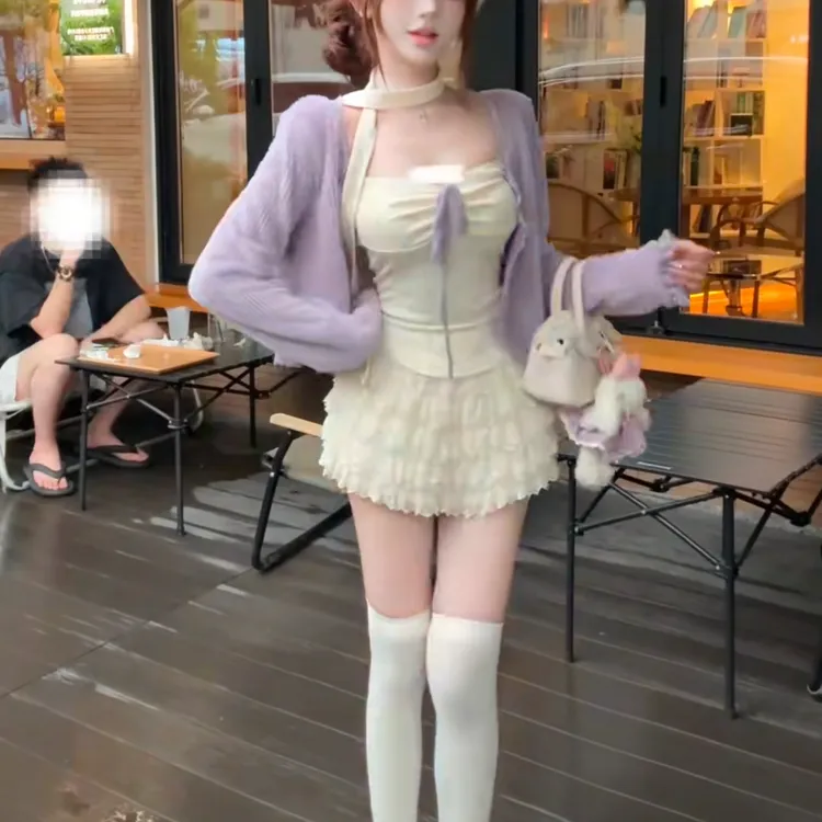 纯欲辣妹学院风JK制服套装秋季新款碎花吊带开衫蛋糕短裙三件套女