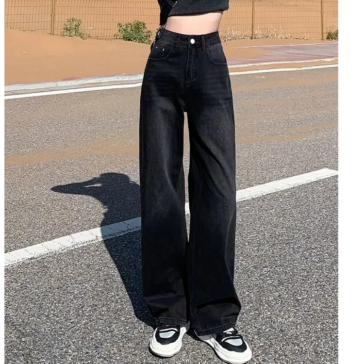 做旧高腰磨毛牛仔裤秋季黑色裤子直筒长裤锋芒大女主显瘦百搭阔腿