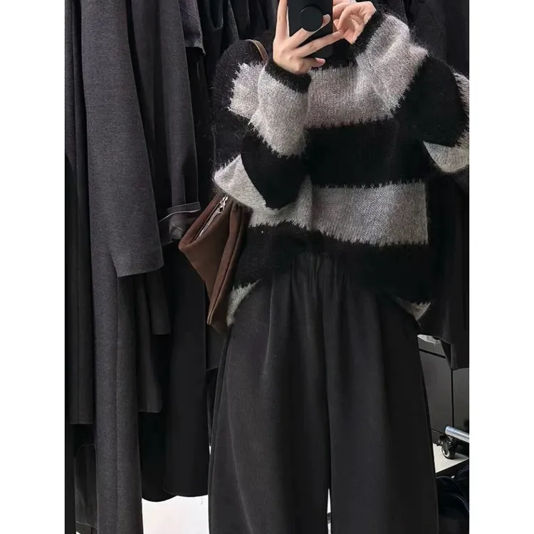 3461【黑灰拼色宽松毛衣外套】秋冬新款女士时尚上衣外穿