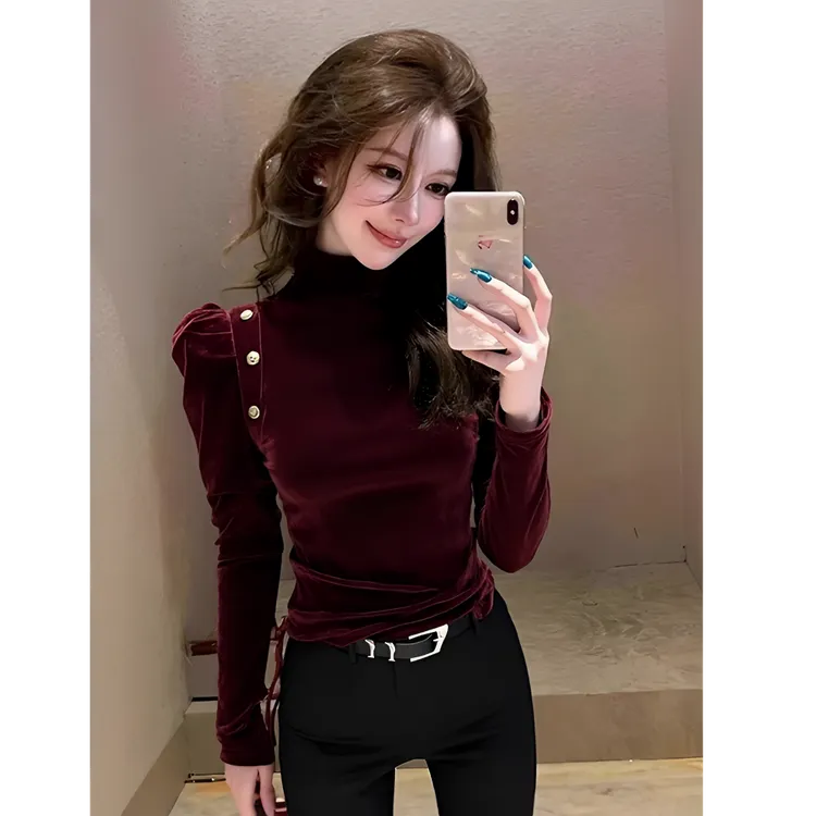 法式轻奢气质红色丝绒衬衫女士内搭秋冬独特漂亮修身正肩长袖上衣