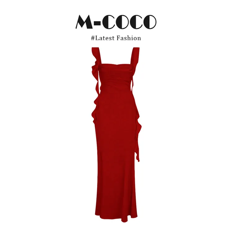 MARIE.COCO海边度假不规则红色飘带吊带连衣裙女风情万种绝美长裙