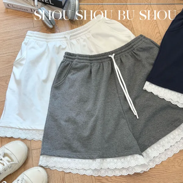 【瘦瘦】大码夏季纯色棉质宽松蕾丝边拼接松紧腰百搭短裤S01420
