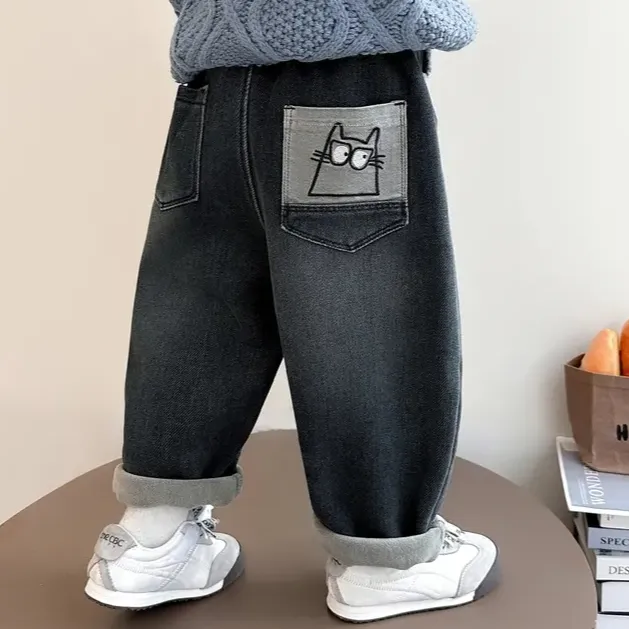 女童2025新款秋冬韩版一体绒牛仔裤儿童洋气卡通刺绣春秋休闲长裤