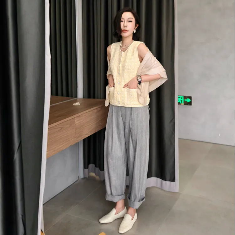 PENNYPENG雅灰质感精致千金洋气显瘦灰色舒适休闲直筒简约西装裤