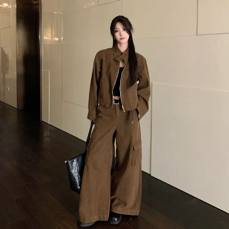 2025年秋装美拉德百搭休闲简约风款套装立领工装外套阔腿裤两件套