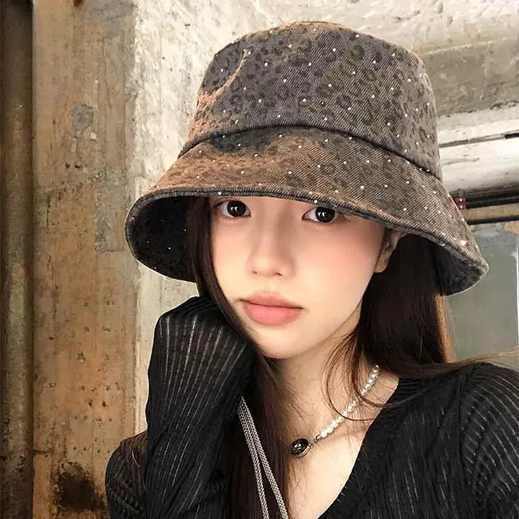 美式复古豹纹渔夫帽显脸小防紫外线遮脸帽户外休闲百搭大帽檐遮阳