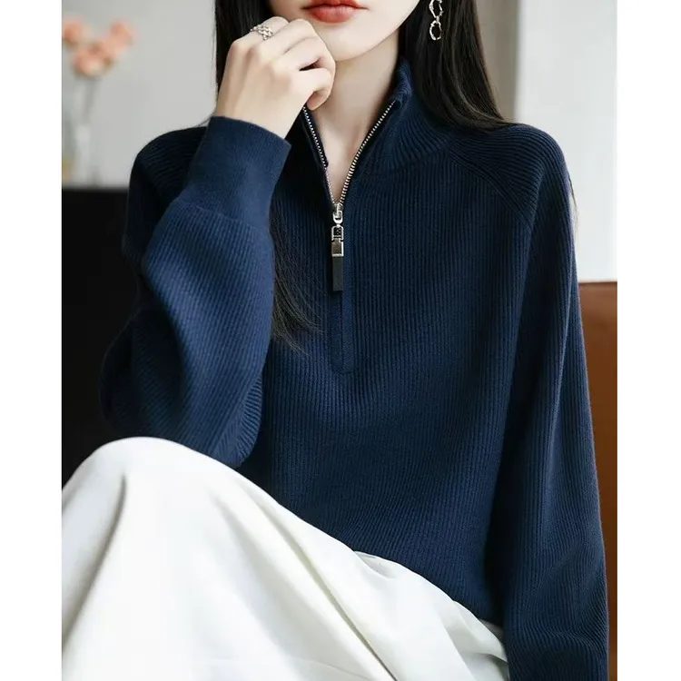 2025秋冬新款拉链半高领针织衫女纯色慵懒风百搭宽松打底衫毛衣女