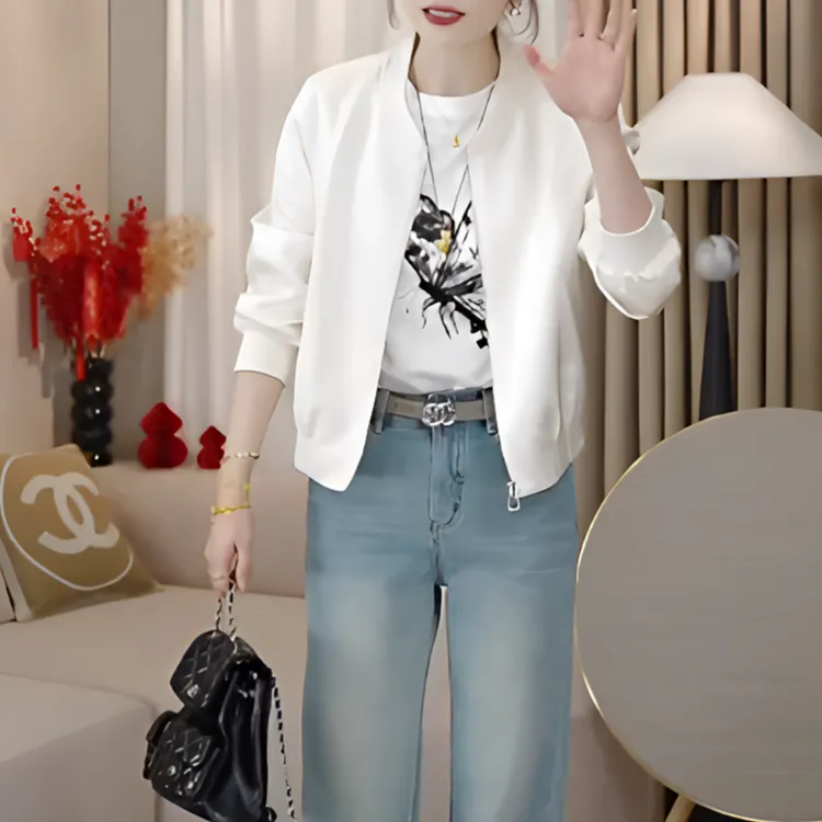 LMENYI鸟语花香~刺绣微光缎显瘦棒球服外套气质淑女小个子上衣女