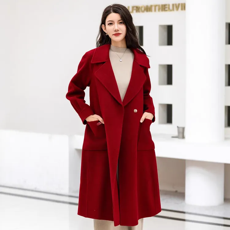 A1583时尚长款女百搭毛呢外套西装领韩版大衣女装外套气质双面呢