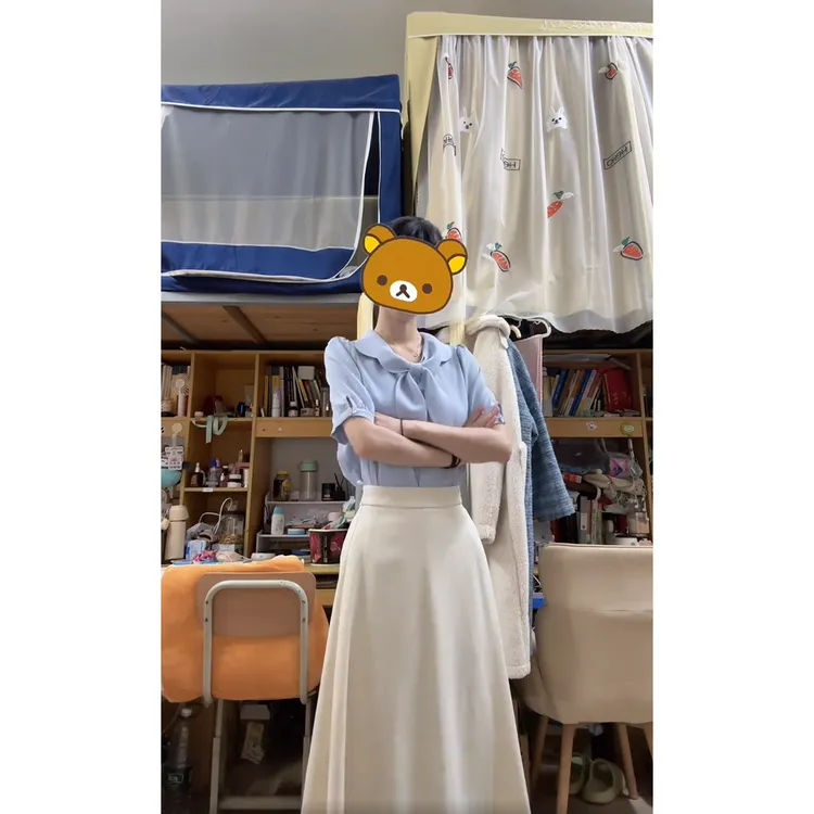 大方得体穿搭一整套法式气质蓝色短袖衬衫高腰a字半身裙两件套装