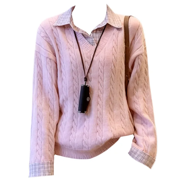 大码胖MM韩系学院风粉色polo领假两件针织衫女冬宽松内搭毛衣上衣