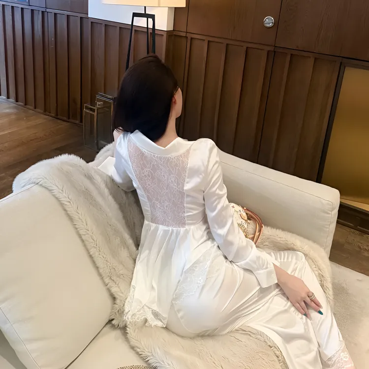 法式冰丝睡衣女春秋仿醋酸高级感纯欲性感蕾丝白色衬衫长袖家居服