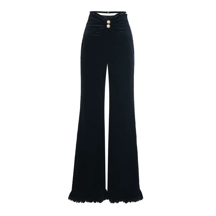 LeFame/拉飞姆23冬法式丝绒裤长裤显瘦微喇黑色时尚LF23D11SP207