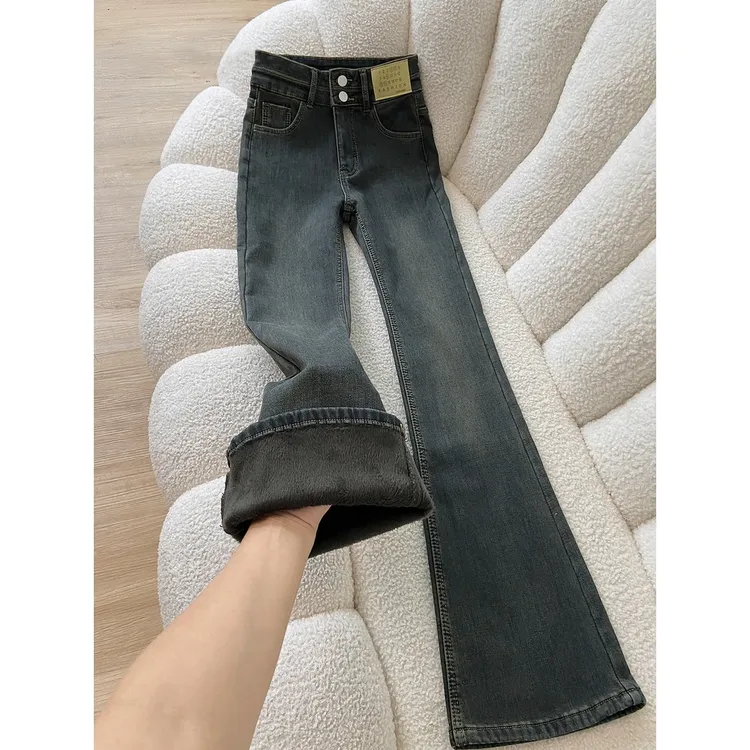 水泥灰加绒微喇牛仔裤女2025秋冬新款高腰弹力修身垂感马蹄裤