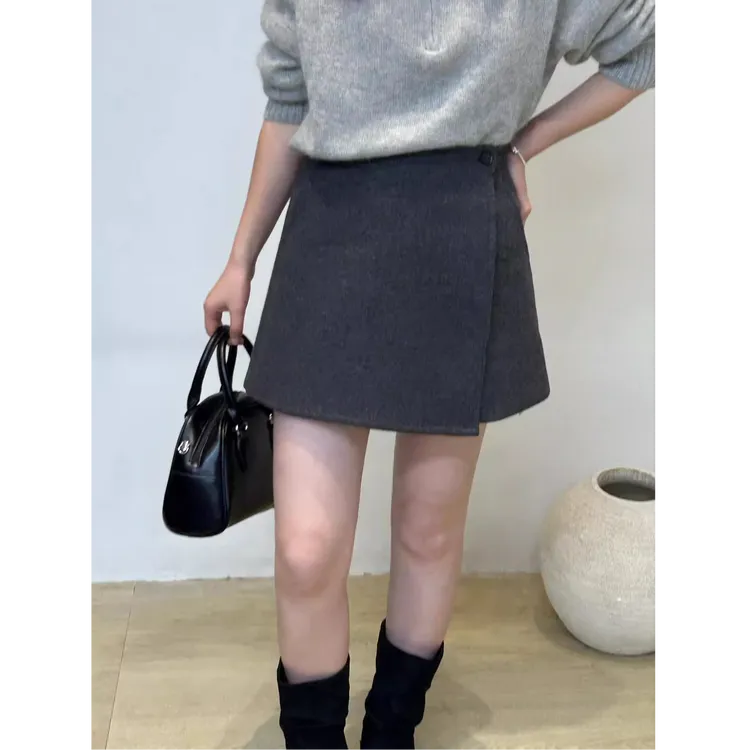 胖mm秋冬加厚毛呢半身裙高腰显瘦不规则斜边呢子a字裙子短裙子女