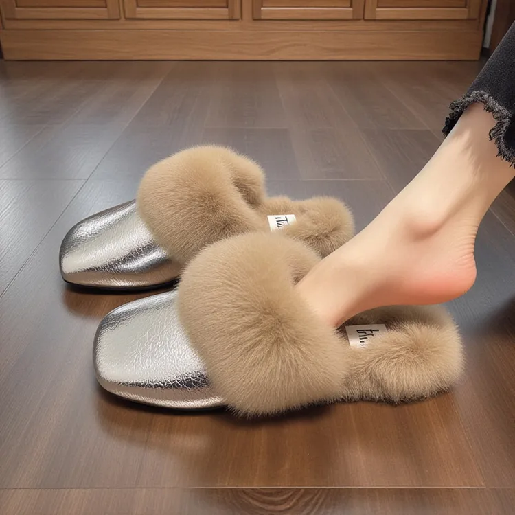 银色毛毛拖鞋女2025新款秋冬新款一脚蹬包头法式小香风加绒棉拖鞋