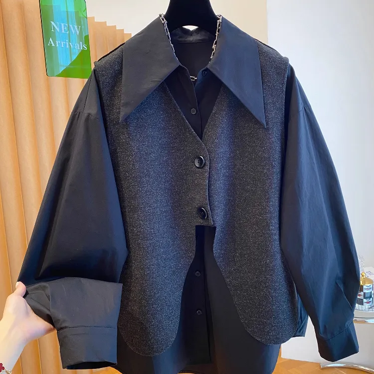 高端欧货黑色马甲衬衫两件套上衣女秋2025新款高级感衬衣宽松拼接