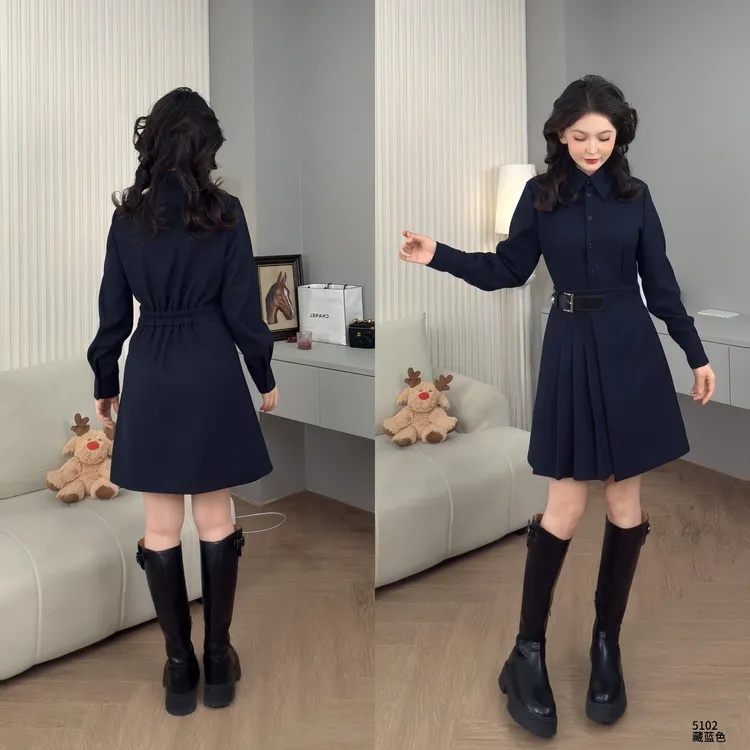 Saeda品牌女装欧美风高级感收腰百褶显瘦长短连衣裙YF5102