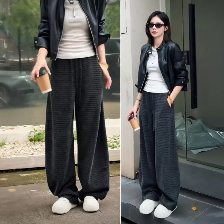 时尚慵懒条纹抽绳垂感休闲裤女2025秋季新款松弛感宽松显瘦阔腿裤