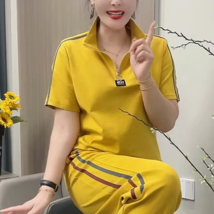 2025夏季新款立领半拉链侧条拼接宽松套装高档时尚休闲减龄妈妈装