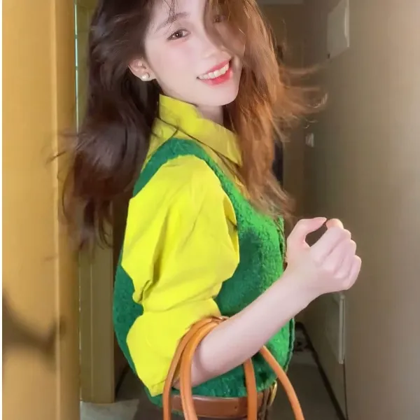 【小岛微风】女套装两件套裤子森系气质减龄短款绿色叠穿衬衫套装