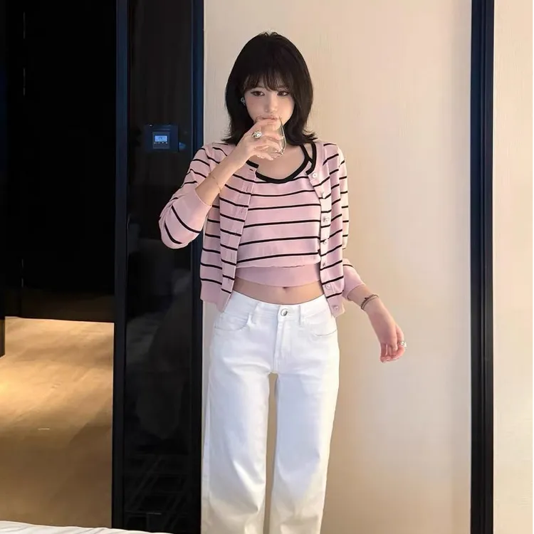 春秋常规款薄款长袖条纹吊带毛针织衫白色高腰裤子百搭套装修身