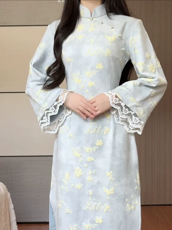 【画汝】新中式蓝色旗袍早秋连衣裙长袖改良年轻款日常素雅小个子