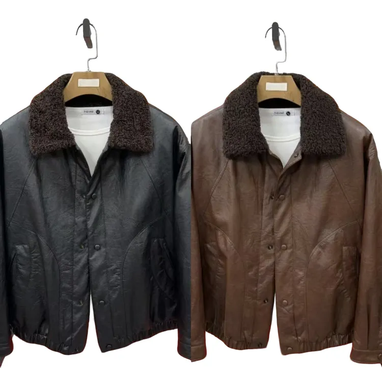 冬季新款男士休闲时尚百搭轻奢翻领加毛保暖皮衣夹克上衣外套厚款
