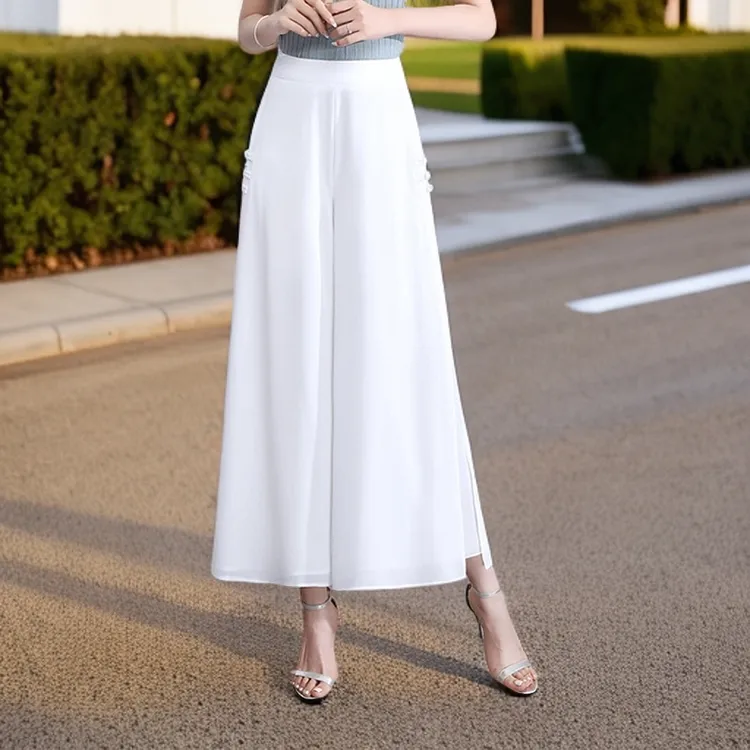 夏季九分白色显瘦雪纺舞蹈裤阔腿裤裤子休闲裤高腰女装国风古典