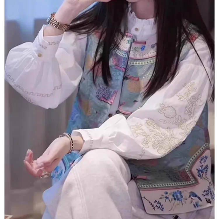 两件套装女新中式国风高级感独特宋锦印花马甲背心白色衬衫